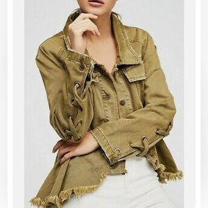 NWT Free People Willow Denim Jacket Lace Up Cuff Ruffle Peplum Military Moss L